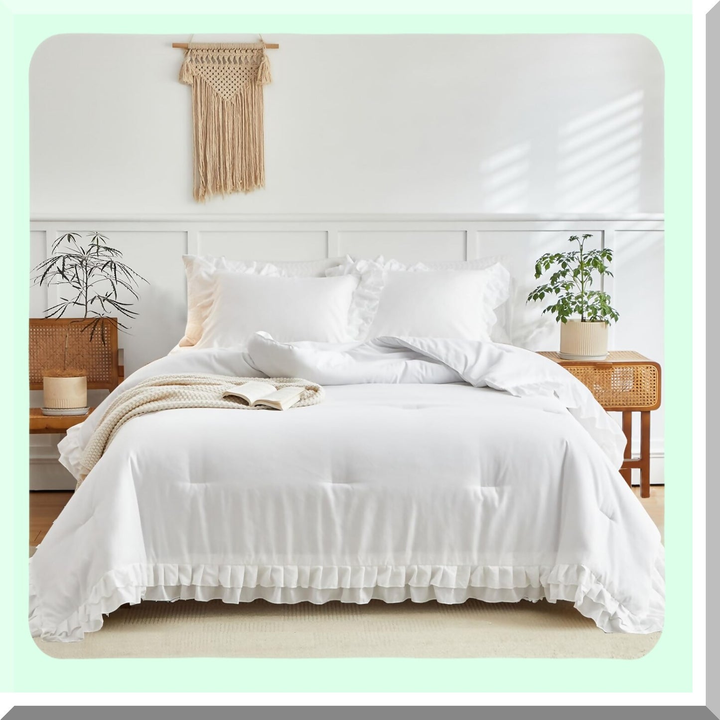 RuffleChic 3-Piece Comforter Set - Full/Queen Size, Farmhouse Style with 2 Layers Ruffle, Lightweight Fluffy Bedding Sets for All Season - Solid Color, Shabby Chic Design - Includes 1 Comforter and 2 Pillowcases
