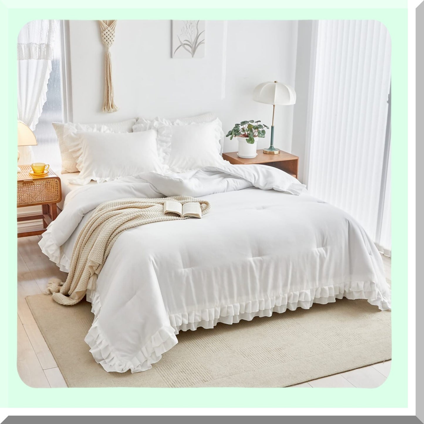 RuffleChic 3-Piece Comforter Set - Full/Queen Size, Farmhouse Style with 2 Layers Ruffle, Lightweight Fluffy Bedding Sets for All Season - Solid Color, Shabby Chic Design - Includes 1 Comforter and 2 Pillowcases