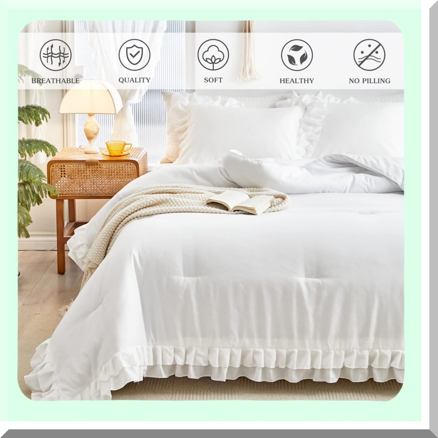 RuffleChic 3-Piece Comforter Set - Full/Queen Size, Farmhouse Style with 2 Layers Ruffle, Lightweight Fluffy Bedding Sets for All Season - Solid Color, Shabby Chic Design - Includes 1 Comforter and 2 Pillowcases