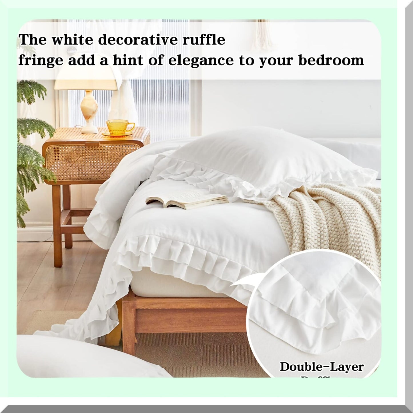 RuffleChic 3-Piece Comforter Set - Full/Queen Size, Farmhouse Style with 2 Layers Ruffle, Lightweight Fluffy Bedding Sets for All Season - Solid Color, Shabby Chic Design - Includes 1 Comforter and 2 Pillowcases