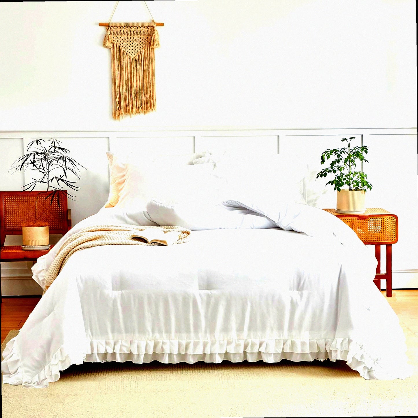 RuffleChic 3-Piece Comforter Set - Full/Queen Size, Farmhouse Style with 2 Layers Ruffle, Lightweight Fluffy Bedding Sets for All Season - Solid Color, Shabby Chic Design - Includes 1 Comforter and 2 Pillowcases