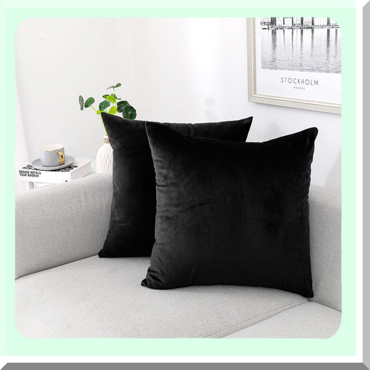 Luxury Velvet Pillow Covers Set - Soft Decorative Cushion Cases for Couch Sofa Bedroom Living Room Patio - Pack of 2 18x18 Inch - Black