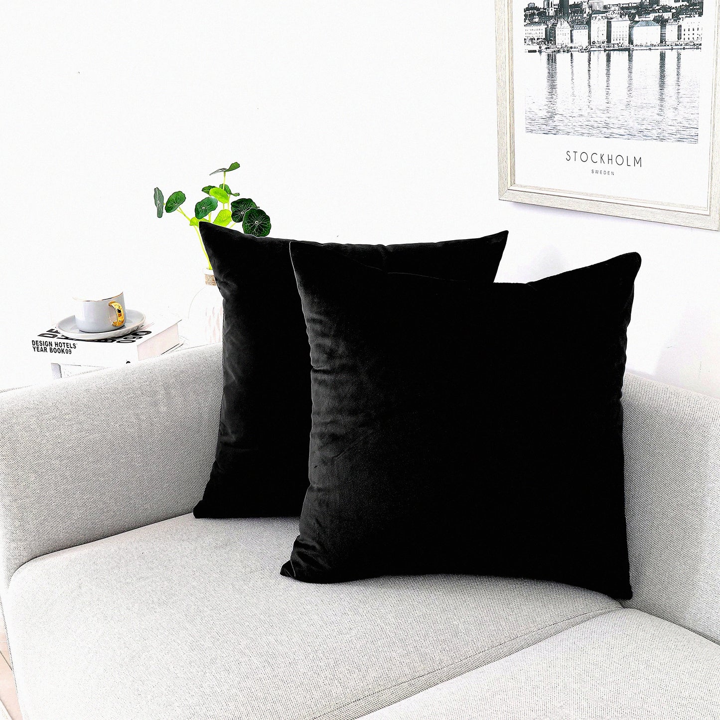 Luxury Velvet Pillow Covers Set - Soft Decorative Cushion Cases for Couch Sofa Bedroom Living Room Patio - Pack of 2 18x18 Inch - Black