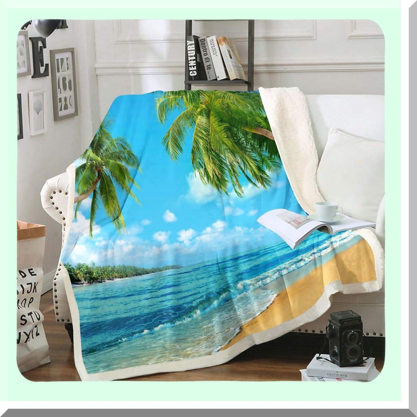 Ocean Breeze Tropical Fleece Throw - Soft & Cozy Sherpa Blanket for Bed & Couch, Perfect for Girls, Women, Kids & Adults - Blue Sea Palm Tree Design, 87"x95""