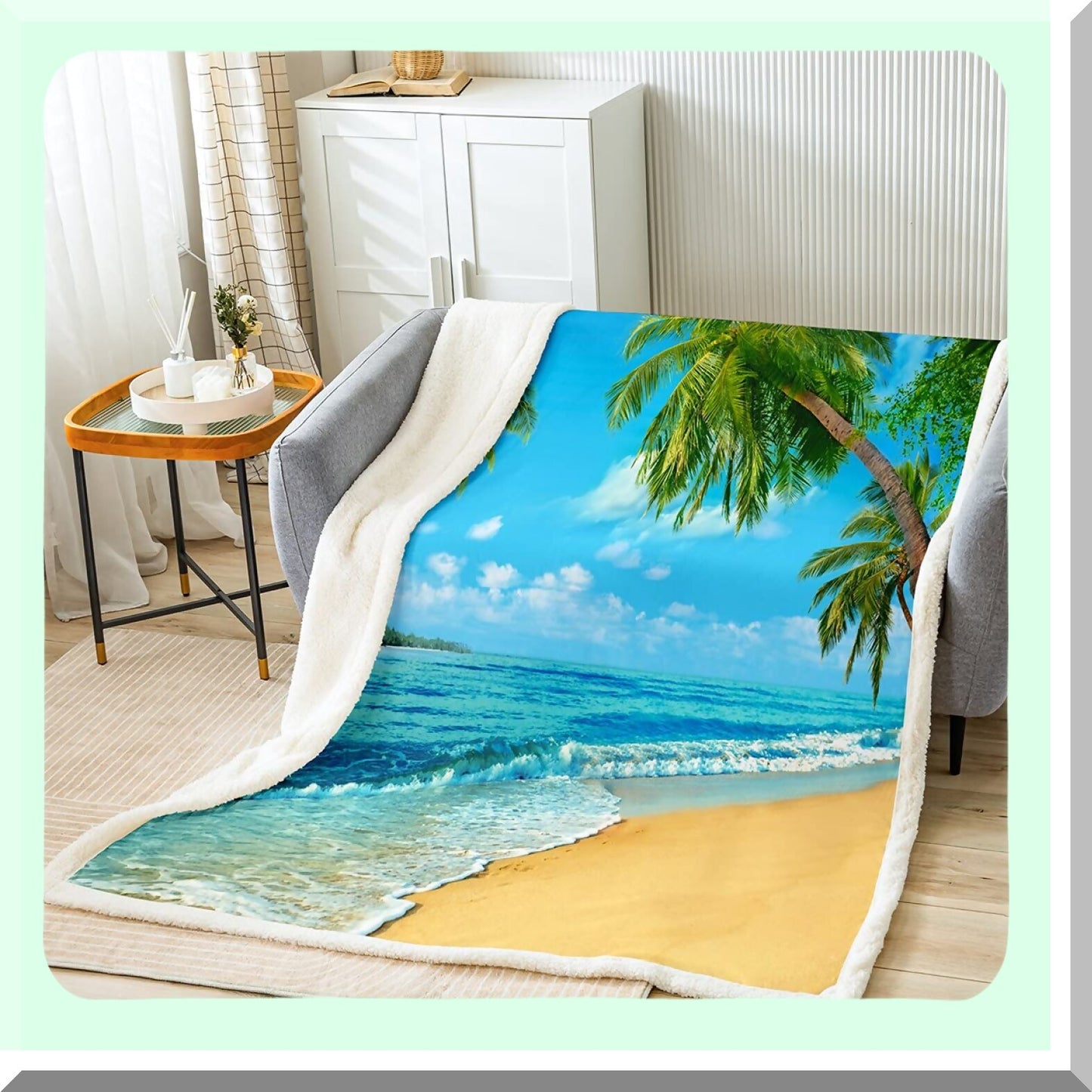 Ocean Breeze Tropical Fleece Throw - Soft & Cozy Sherpa Blanket for Bed & Couch, Perfect for Girls, Women, Kids & Adults - Blue Sea Palm Tree Design, 87"x95""