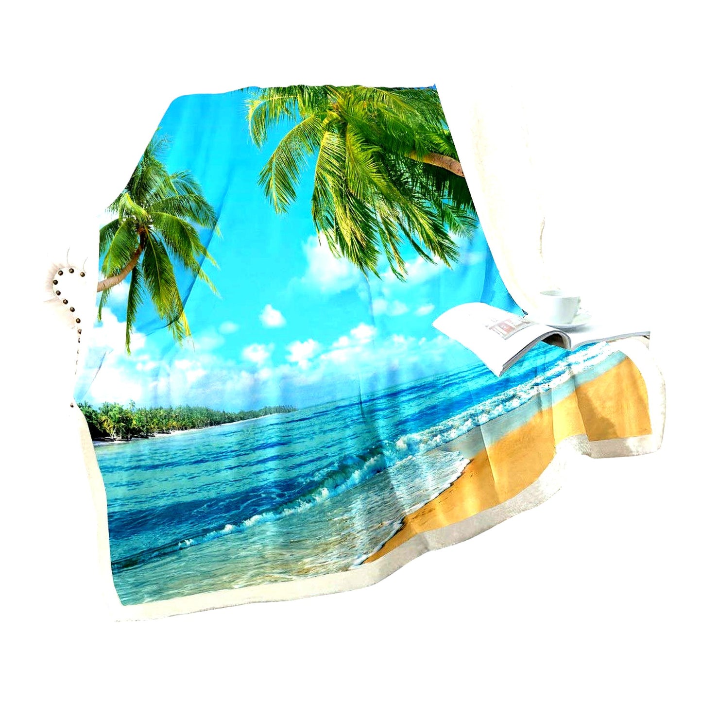 Ocean Breeze Tropical Fleece Throw - Soft & Cozy Sherpa Blanket for Bed & Couch, Perfect for Girls, Women, Kids & Adults - Blue Sea Palm Tree Design, 87"x95""