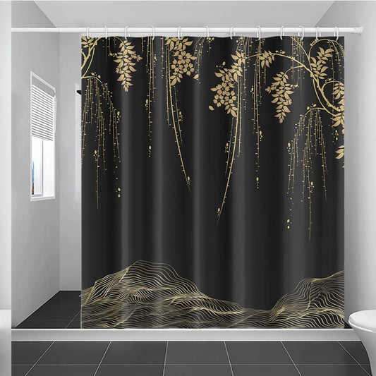 Black Waterproof Shower Curtain 65x72 Inches with Gold Leaves