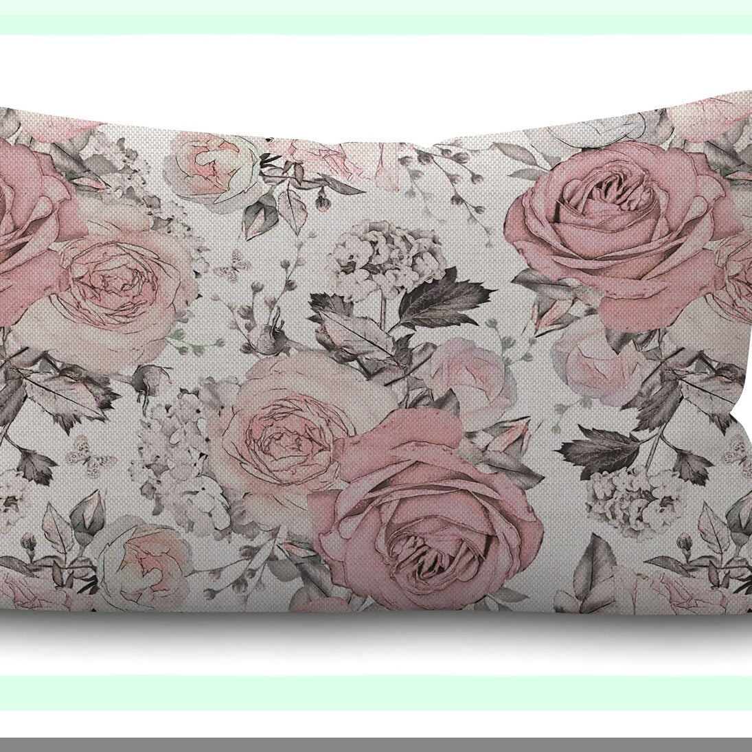 Pastel Rose Floral Lumbar Pillow Cover - Watercolor Leaves Design - Pink Flowers Cushion Case for Sofa - Home Decorative Cotton Linen - 12x20 Inches