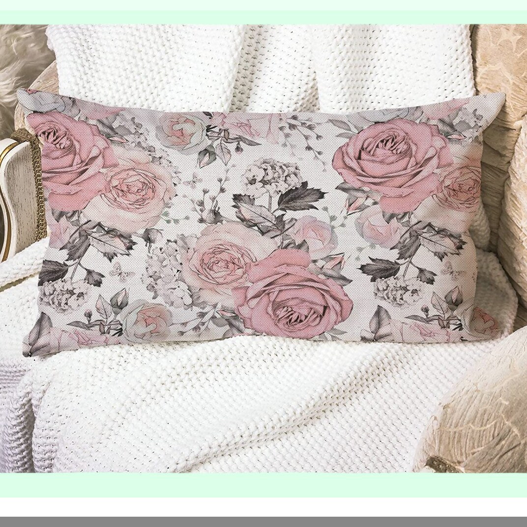 Pastel Rose Floral Lumbar Pillow Cover - Watercolor Leaves Design - Pink Flowers Cushion Case for Sofa - Home Decorative Cotton Linen - 12x20 Inches