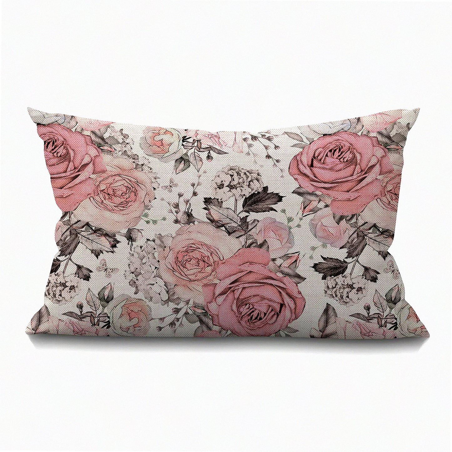 Pastel Rose Floral Lumbar Pillow Cover - Watercolor Leaves Design - Pink Flowers Cushion Case for Sofa - Home Decorative Cotton Linen - 12x20 Inches