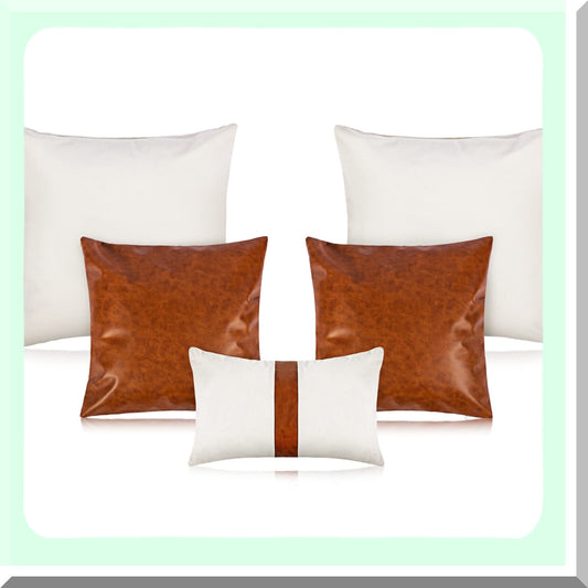 Rustic Leather Pillow Cover Set - Farmhouse Decorative Linen Throw Pillowcases - Boho Cushion Covers for Couch - Modern Living Room Accessories