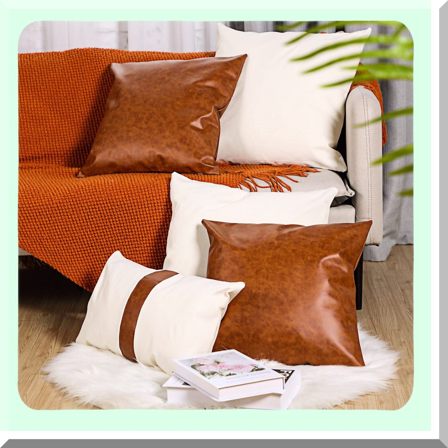 Rustic Leather Pillow Cover Set - Farmhouse Decorative Linen Throw Pillowcases - Boho Cushion Covers for Couch - Modern Living Room Accessories