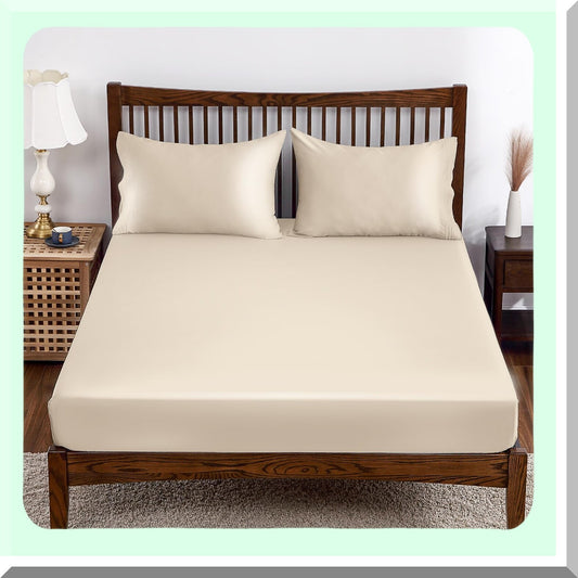 Luxury Bamboo Comfort Queen Fitted Sheet - 400 Thread Count Beige - Soft & Cozy Bottom Sheet - Deep Pocket Design - Breathable & Hypoallergenic - 1 Pack Fitted Sheet Only