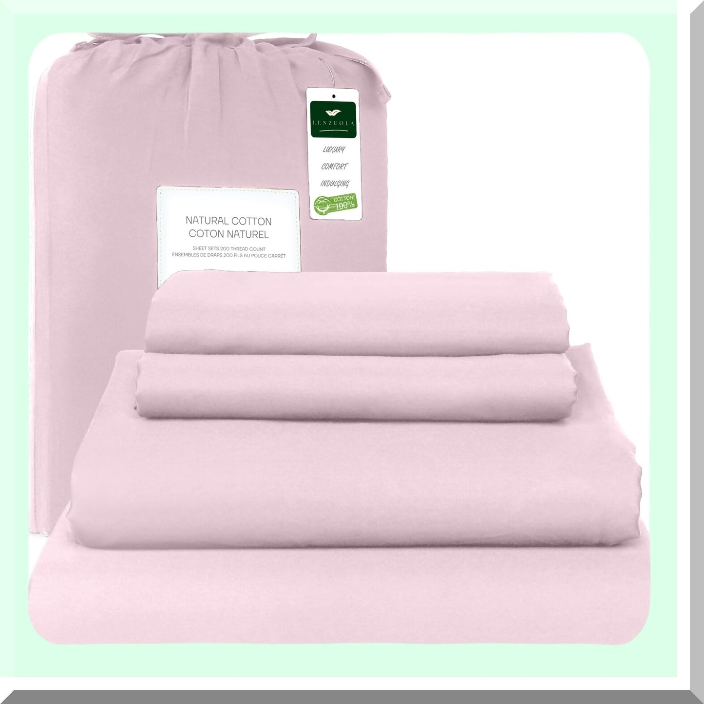 CoolCotton Deep Pocket 4-Piece Bed Sheet Set - Queen Size, Sateen Weave, Breathable & Cooling, Elastic All Around, 100% Natural Cotton, Pink