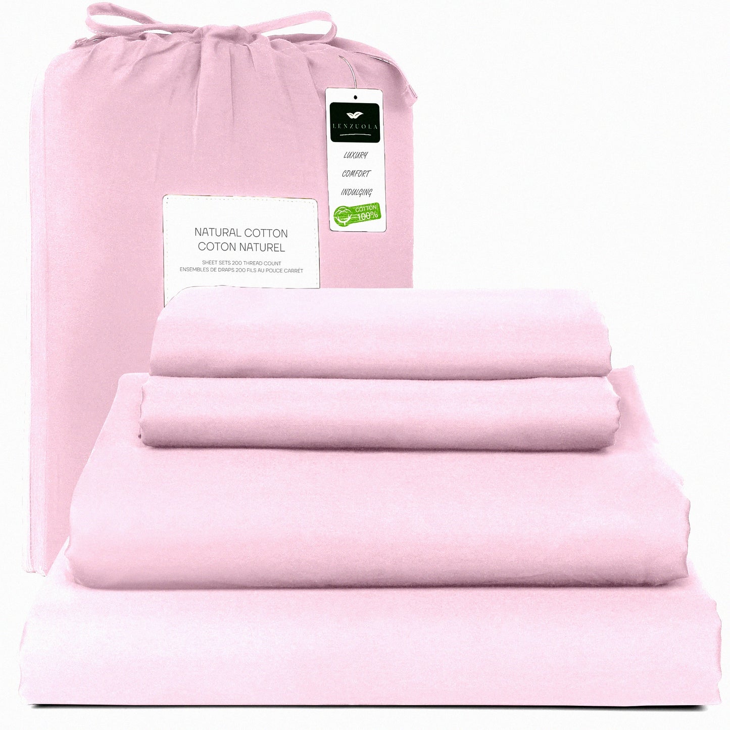 CoolCotton Deep Pocket 4-Piece Bed Sheet Set - Queen Size, Sateen Weave, Breathable & Cooling, Elastic All Around, 100% Natural Cotton, Pink