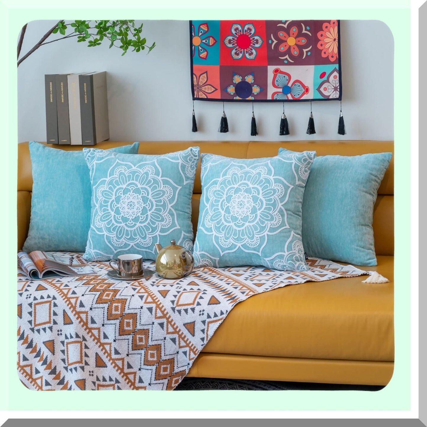 Aqua Blue Decorative Throw Pillow Set - 4 Pack 18x18 Inch Cushion Covers for Living Room Sofa Couch - Printed Home Decor Accent Pillows