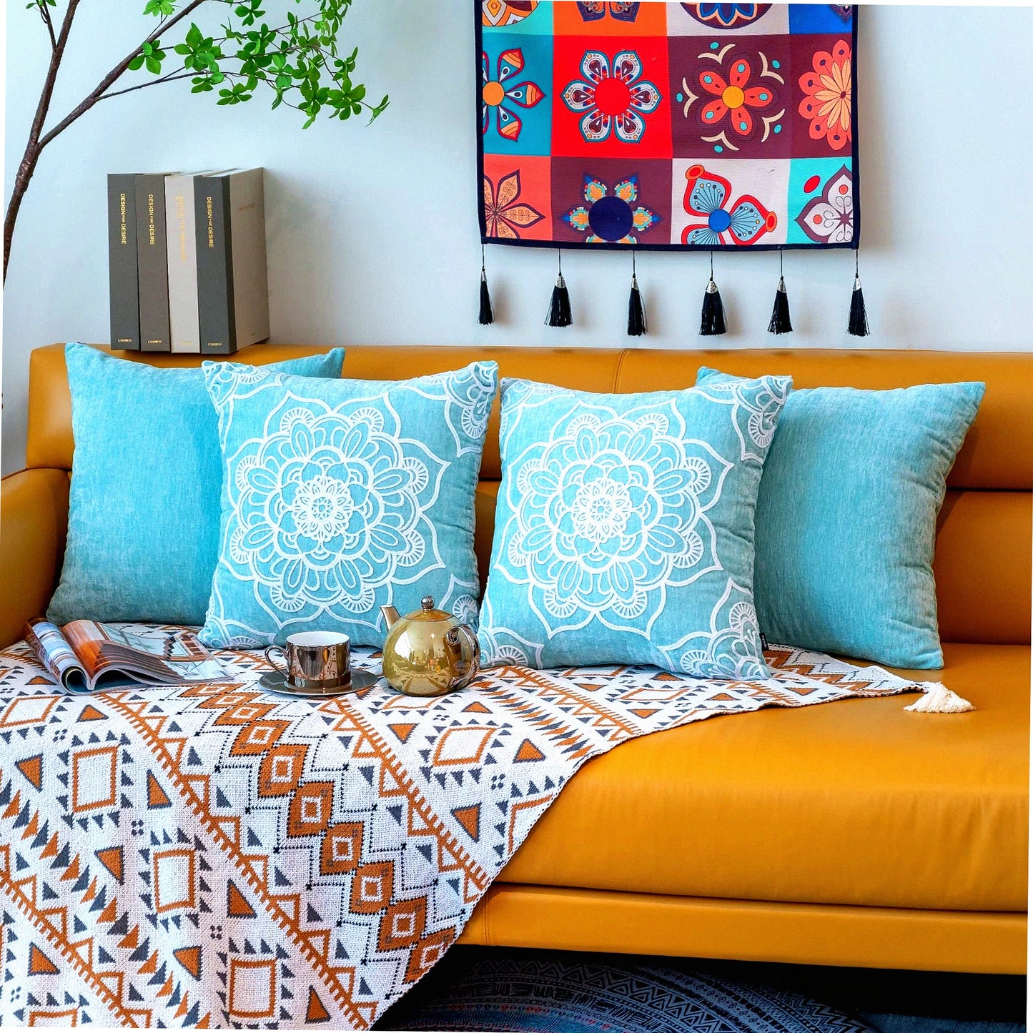 Aqua Blue Decorative Throw Pillow Set - 4 Pack 18x18 Inch Cushion Covers for Living Room Sofa Couch - Printed Home Decor Accent Pillows