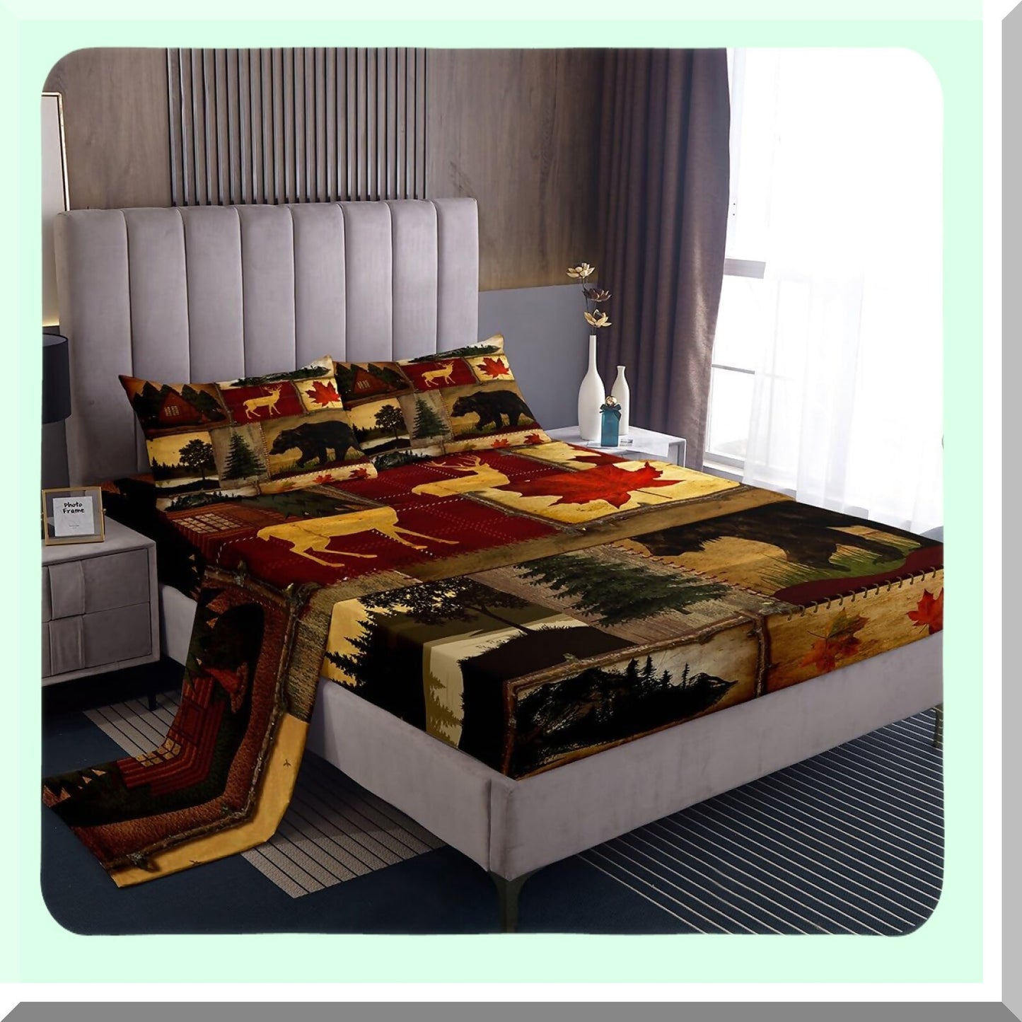 Rustic Lodge Cabin Bedding Set - Full Size Bear Deer Maple Leaves Pine Tree Sheets - Red Brown Farmhouse Country 4Pcs - Retro Hunting Woodland Flat Fitted Sheet