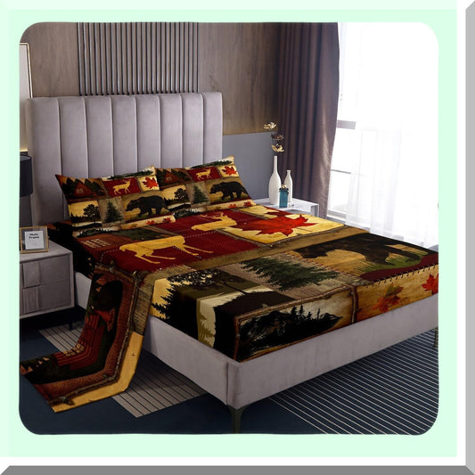Rustic Lodge Cabin Bedding Set - Full Size Bear Deer Maple Leaves Pine Tree Sheets - Red Brown Farmhouse Country 4Pcs - Retro Hunting Woodland Flat Fitted Sheet