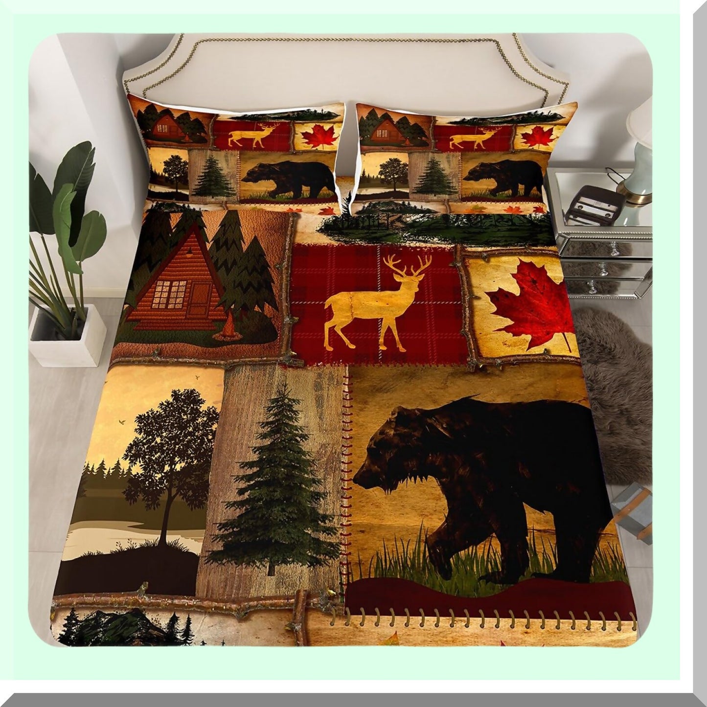 Rustic Lodge Cabin Bedding Set - Full Size Bear Deer Maple Leaves Pine Tree Sheets - Red Brown Farmhouse Country 4Pcs - Retro Hunting Woodland Flat Fitted Sheet