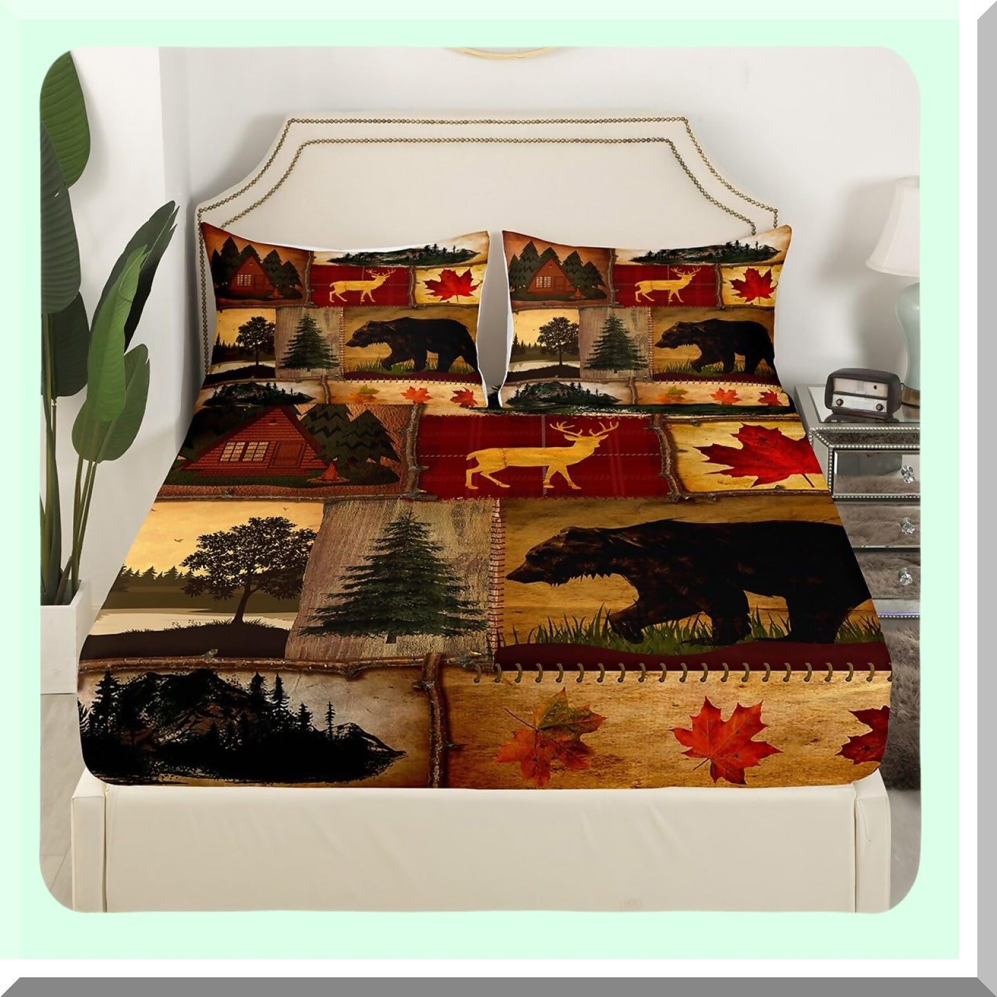 Rustic Lodge Cabin Bedding Set - Full Size Bear Deer Maple Leaves Pine Tree Sheets - Red Brown Farmhouse Country 4Pcs - Retro Hunting Woodland Flat Fitted Sheet