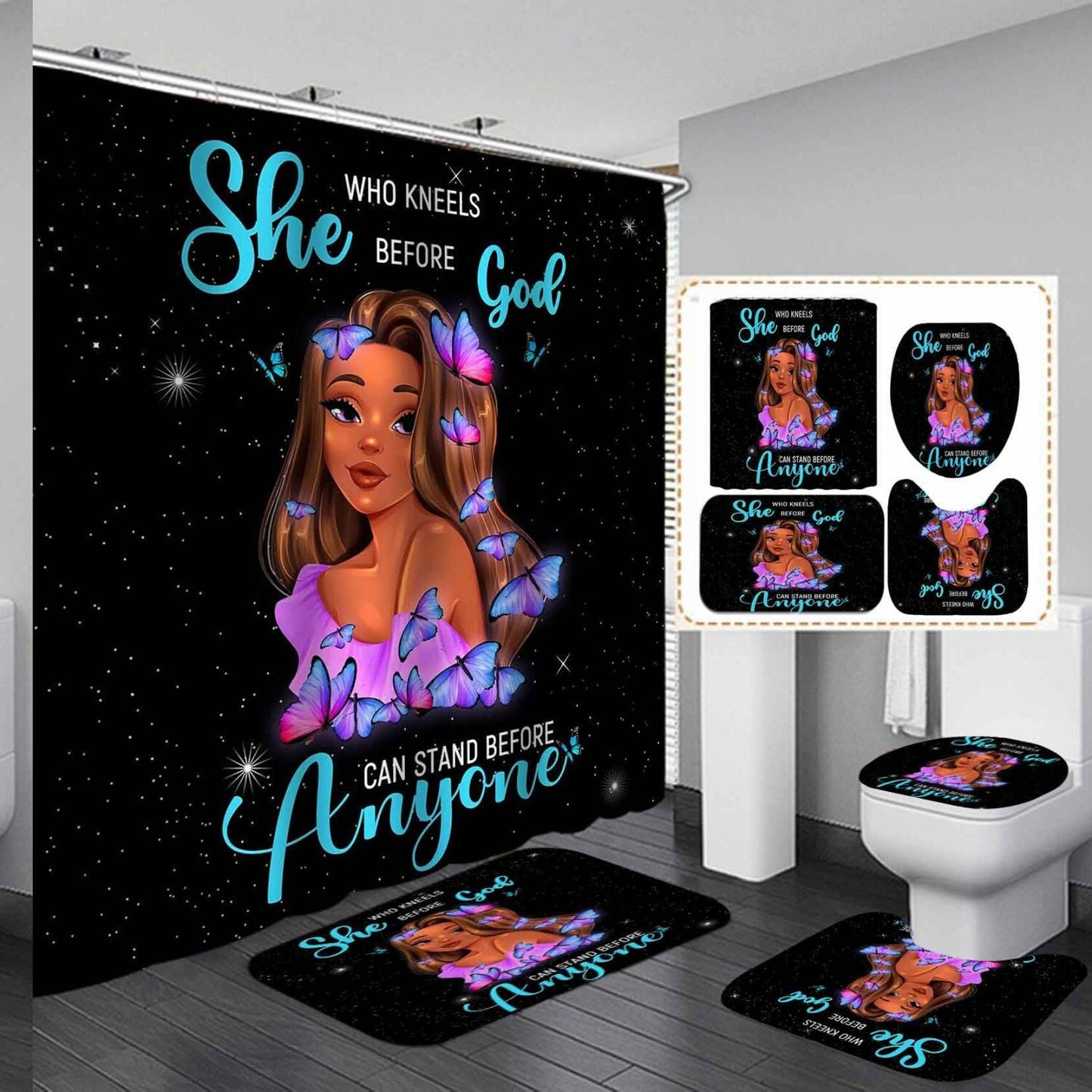 4PCS Black Girl Shower Curtain Set with Bath Mats