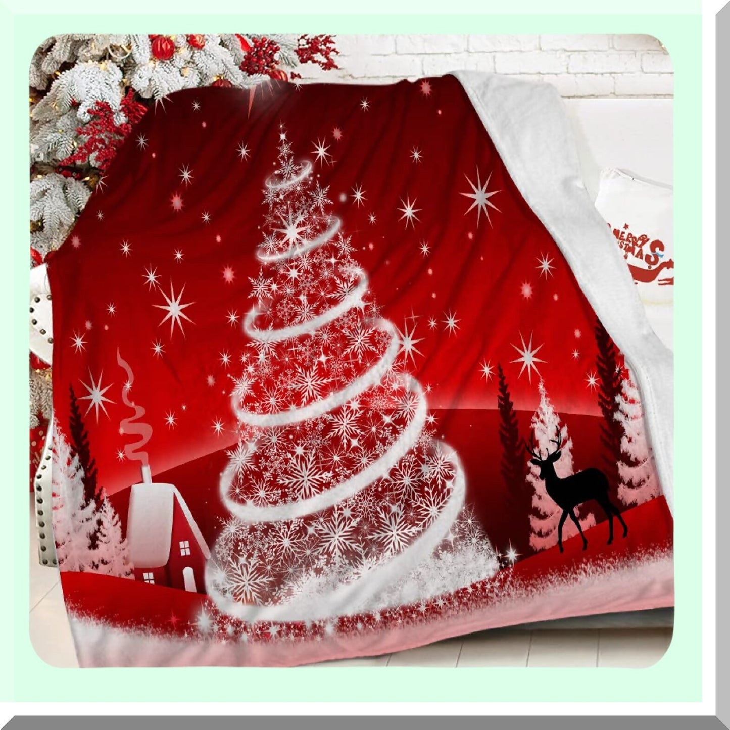 CozyWinter Red Flannel Throw Blanket with Deer Silhouette and Twinkle Lights - Perfect for Holiday Decor and Winter Warmth, 60 x 80 Inch
