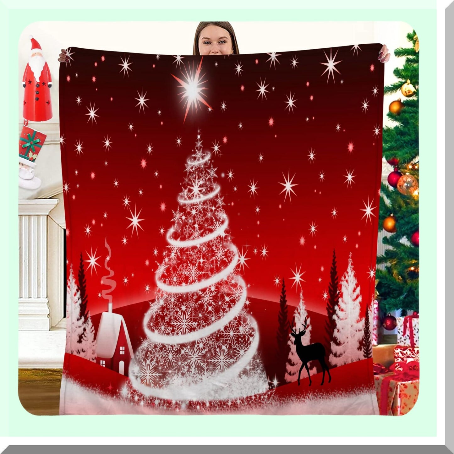 CozyWinter Red Flannel Throw Blanket with Deer Silhouette and Twinkle Lights - Perfect for Holiday Decor and Winter Warmth, 60 x 80 Inch