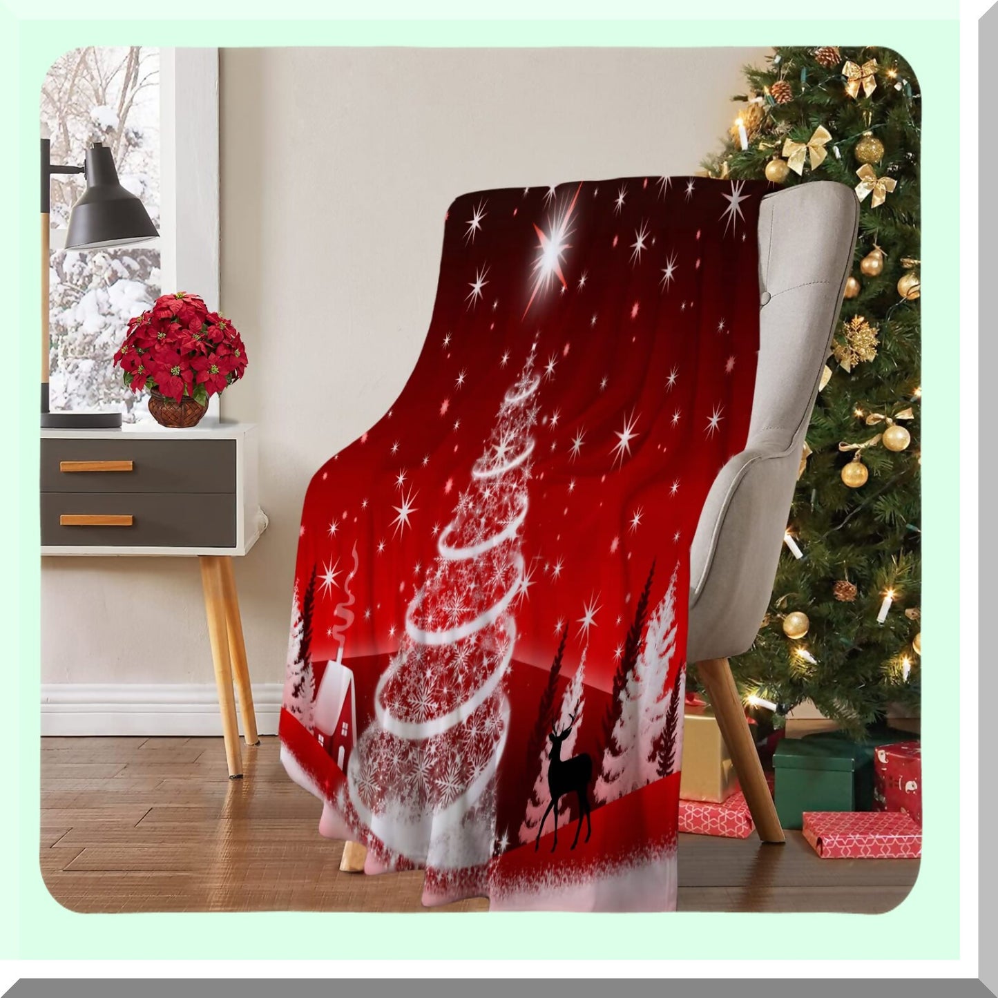CozyWinter Red Flannel Throw Blanket with Deer Silhouette and Twinkle Lights - Perfect for Holiday Decor and Winter Warmth, 60 x 80 Inch