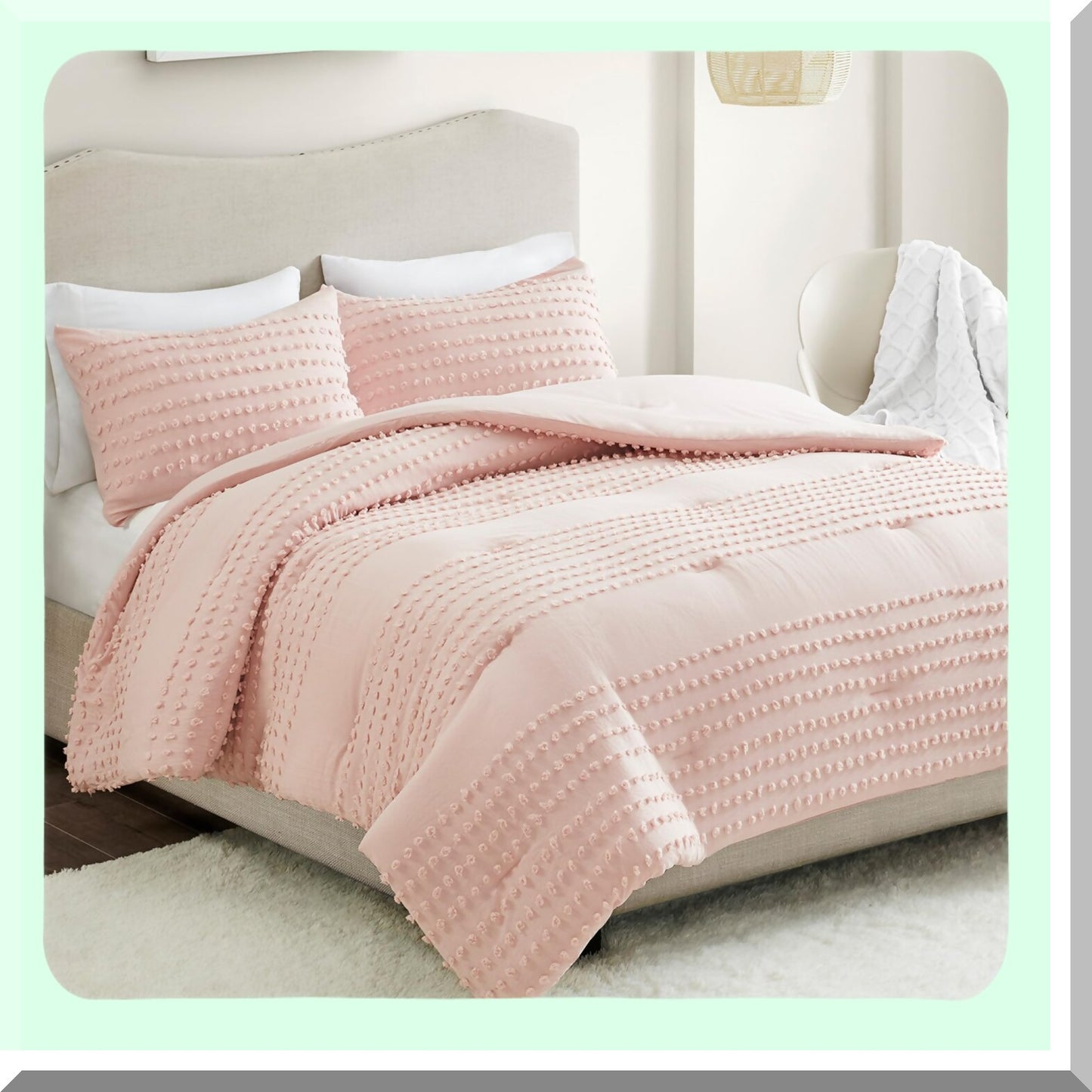 Pom-Pom Tufted Cotton Comforter Set - All Season Down Alternative Bedding with Matching Shams - Modern Jacquard Design - Twin/Twin XL - Blush Pink