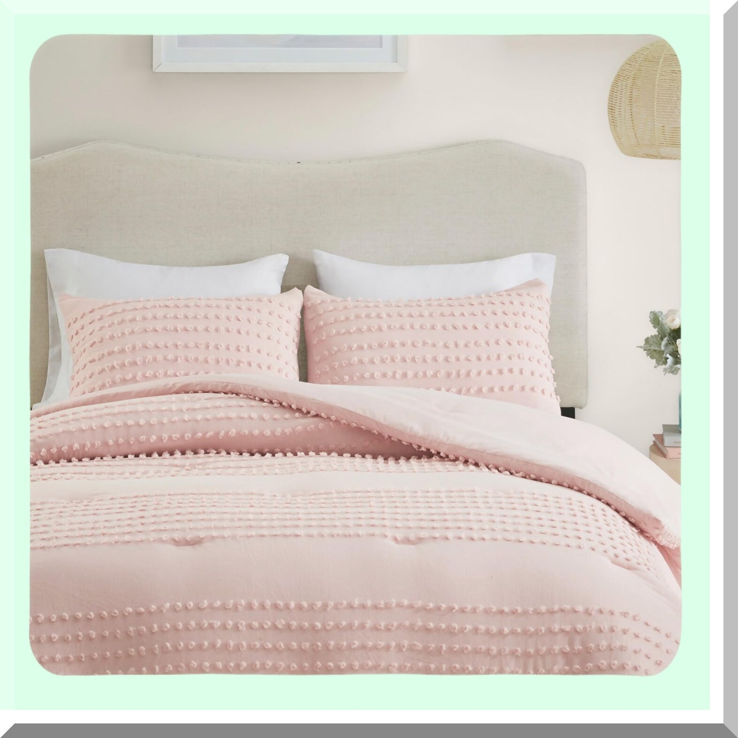 Pom-Pom Tufted Cotton Comforter Set - All Season Down Alternative Bedding with Matching Shams - Modern Jacquard Design - Twin/Twin XL - Blush Pink