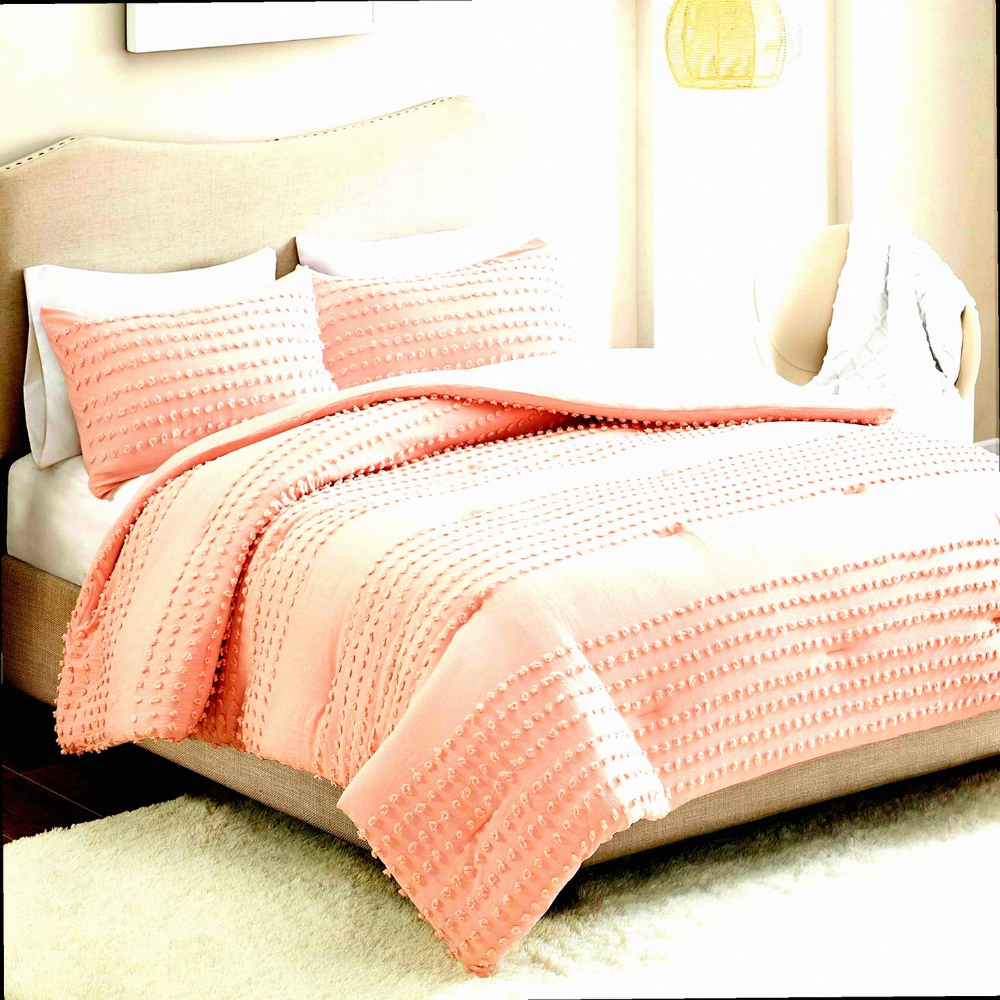 Pom-Pom Tufted Cotton Comforter Set - All Season Down Alternative Bedding with Matching Shams - Modern Jacquard Design - Twin/Twin XL - Blush Pink