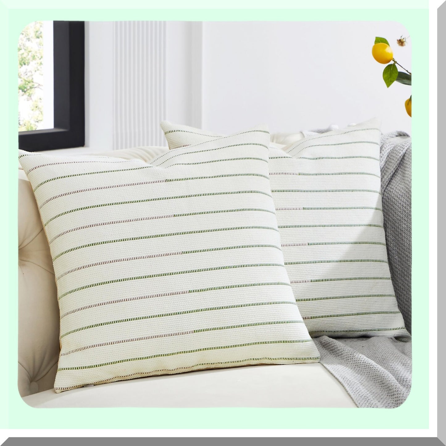 Boho Stripe Pillow Covers Set - 18x18 Inch Decorative Throw Pillows for Farmhouse Living Room - Grey Olive Green Cotton Linen Sofa Cushion Covers - Pack of 2