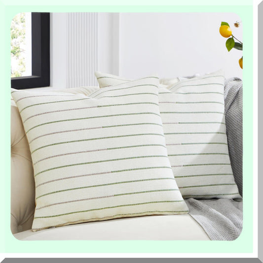 Boho Stripe Pillow Covers Set - 18x18 Inch Decorative Throw Pillows for Farmhouse Living Room - Grey Olive Green Cotton Linen Sofa Cushion Covers - Pack of 2