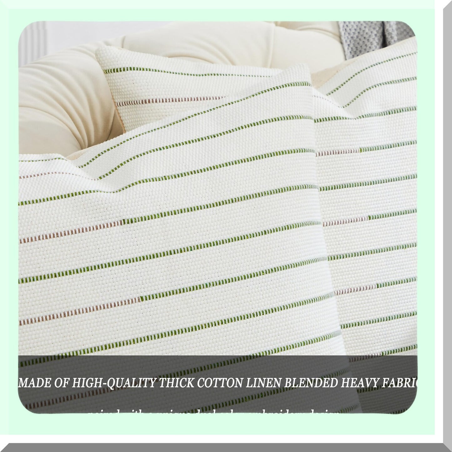 Boho Stripe Pillow Covers Set - 18x18 Inch Decorative Throw Pillows for Farmhouse Living Room - Grey Olive Green Cotton Linen Sofa Cushion Covers - Pack of 2