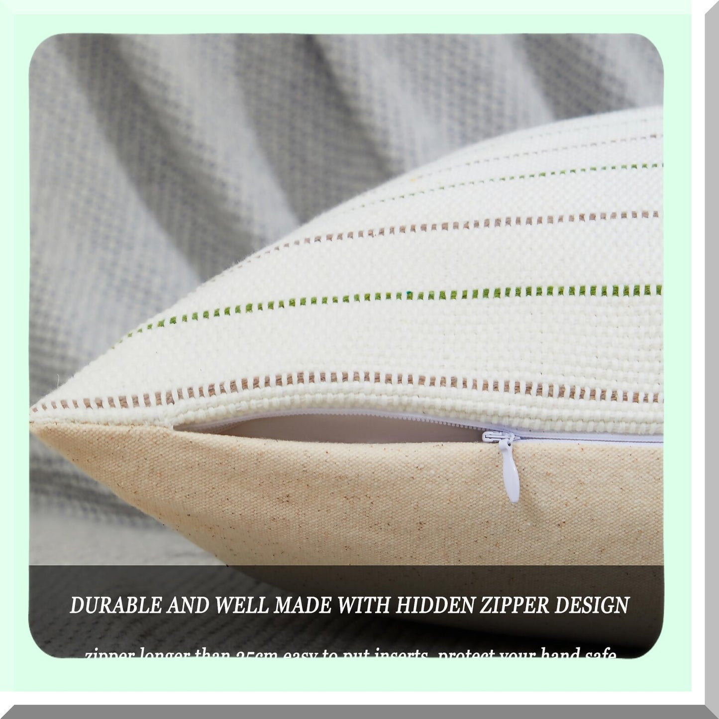 Boho Stripe Pillow Covers Set - 18x18 Inch Decorative Throw Pillows for Farmhouse Living Room - Grey Olive Green Cotton Linen Sofa Cushion Covers - Pack of 2