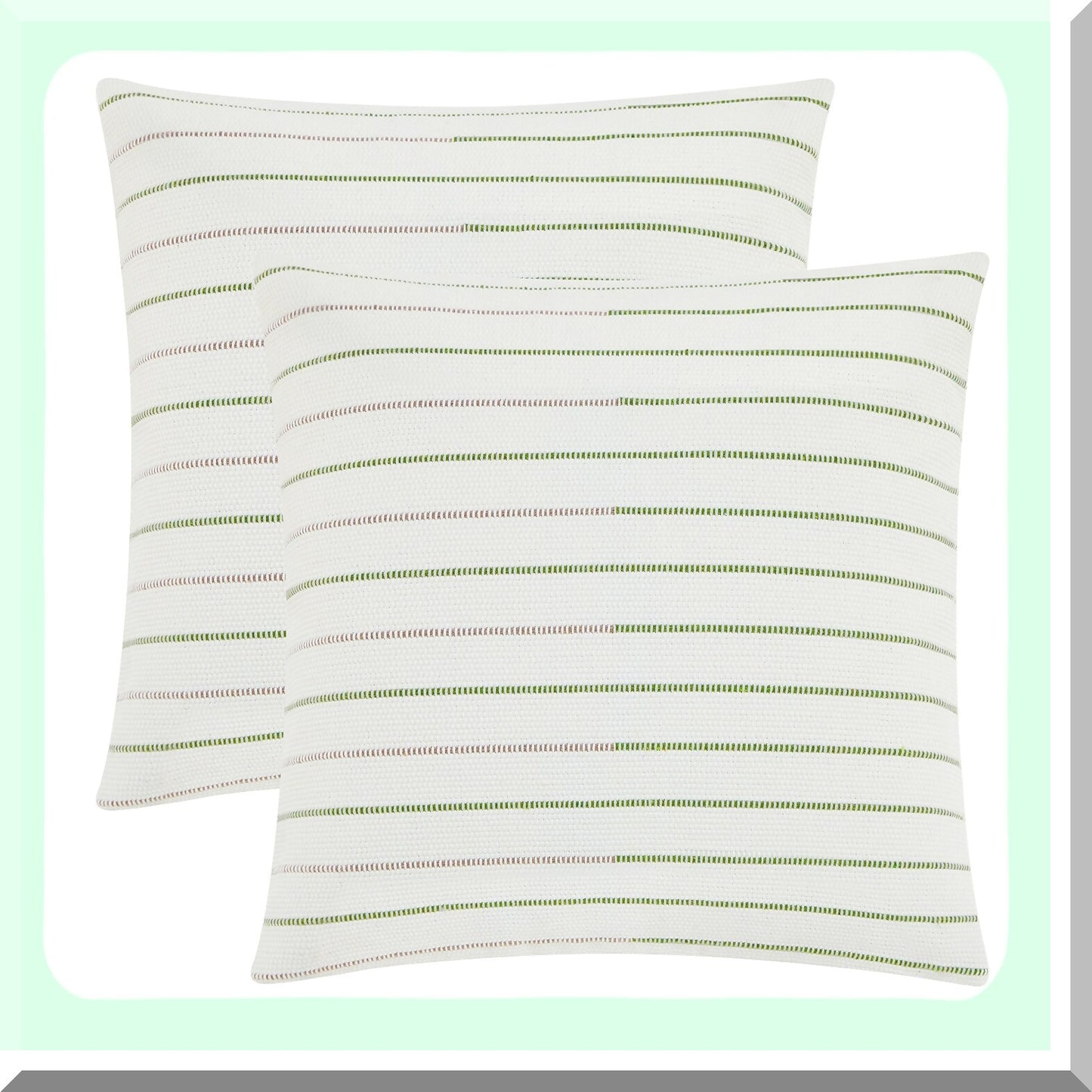 Boho Stripe Pillow Covers Set - 18x18 Inch Decorative Throw Pillows for Farmhouse Living Room - Grey Olive Green Cotton Linen Sofa Cushion Covers - Pack of 2
