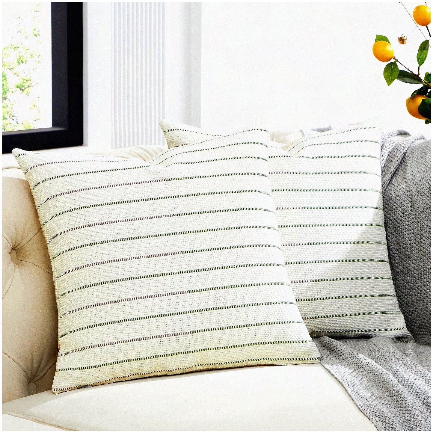 Boho Stripe Pillow Covers Set - 18x18 Inch Decorative Throw Pillows for Farmhouse Living Room - Grey Olive Green Cotton Linen Sofa Cushion Covers - Pack of 2