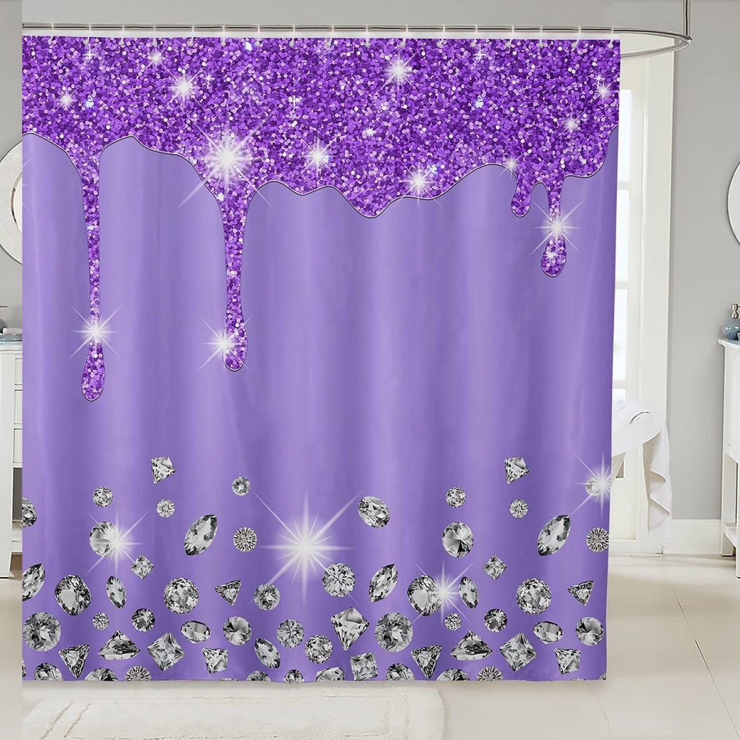 Silver Glitter Print Purple Fabric Shower Curtain 72"x72"