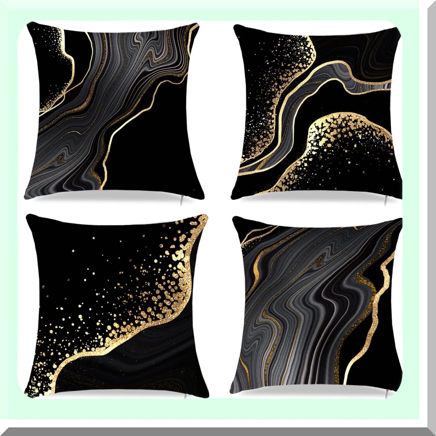 Gold Accent Black Pillowcase Set - Decorative Throw Cushion Covers for Living Room - 18" x 18" Black and Gold Pillows - Set of 4 Home Decor Covers