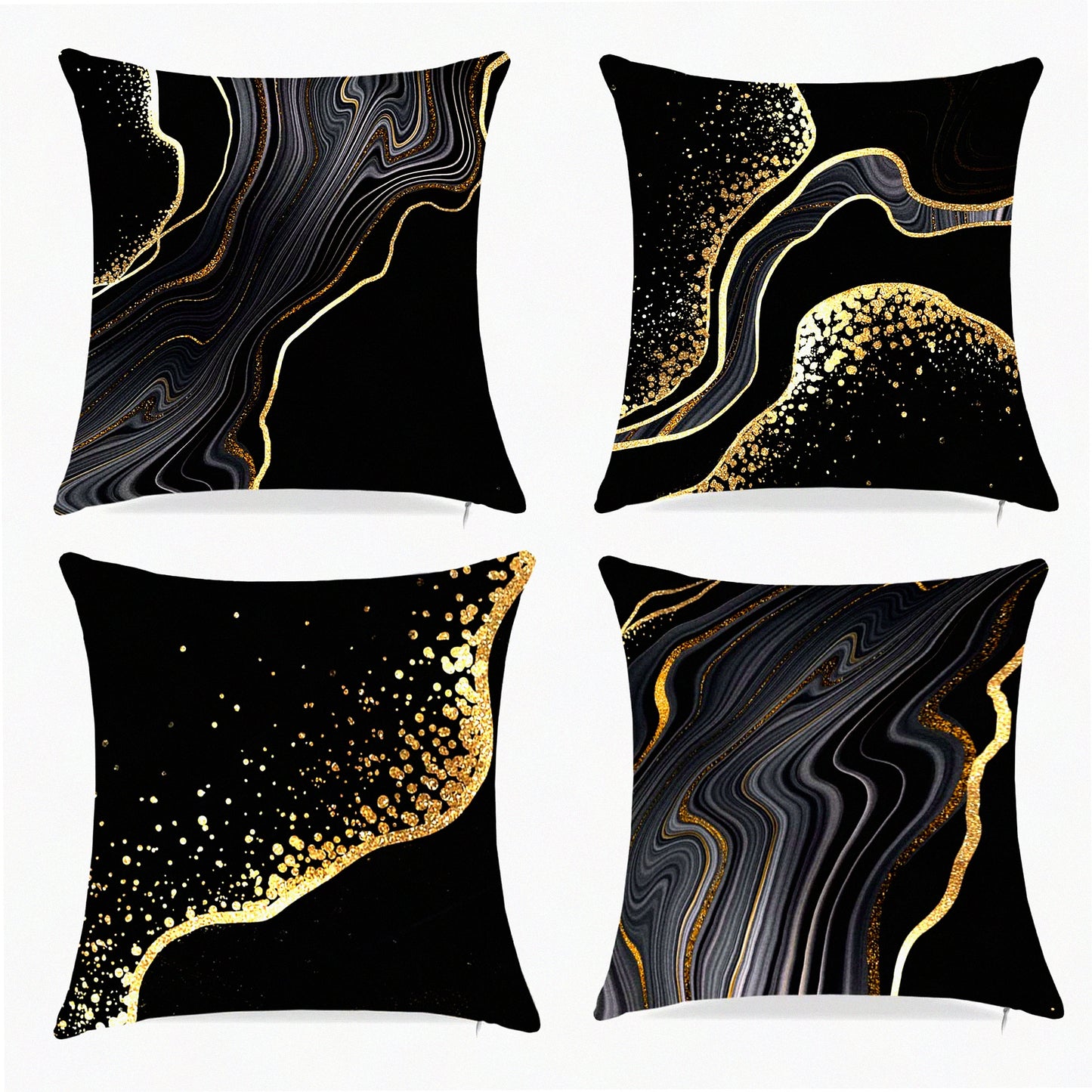Gold Accent Black Pillowcase Set - Decorative Throw Cushion Covers for Living Room - 18" x 18" Black and Gold Pillows - Set of 4 Home Decor Covers