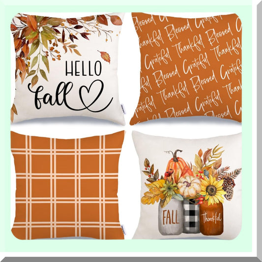 Autumn Harvest Pillow Set - Buffalo Plaid Maple Leaf Pumpkin Decor - Thankful Grateful Blessed Throw Pillows - Farmhouse Thanksgiving Cushion Covers
