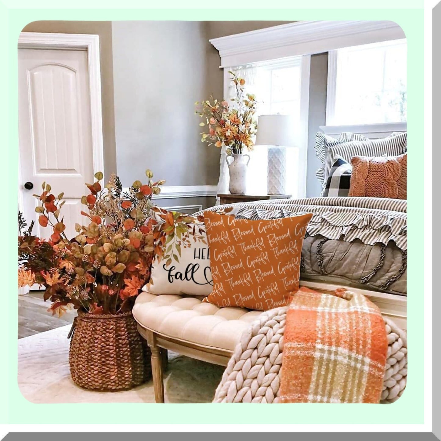 Autumn Harvest Pillow Set - Buffalo Plaid Maple Leaf Pumpkin Decor - Thankful Grateful Blessed Throw Pillows - Farmhouse Thanksgiving Cushion Covers