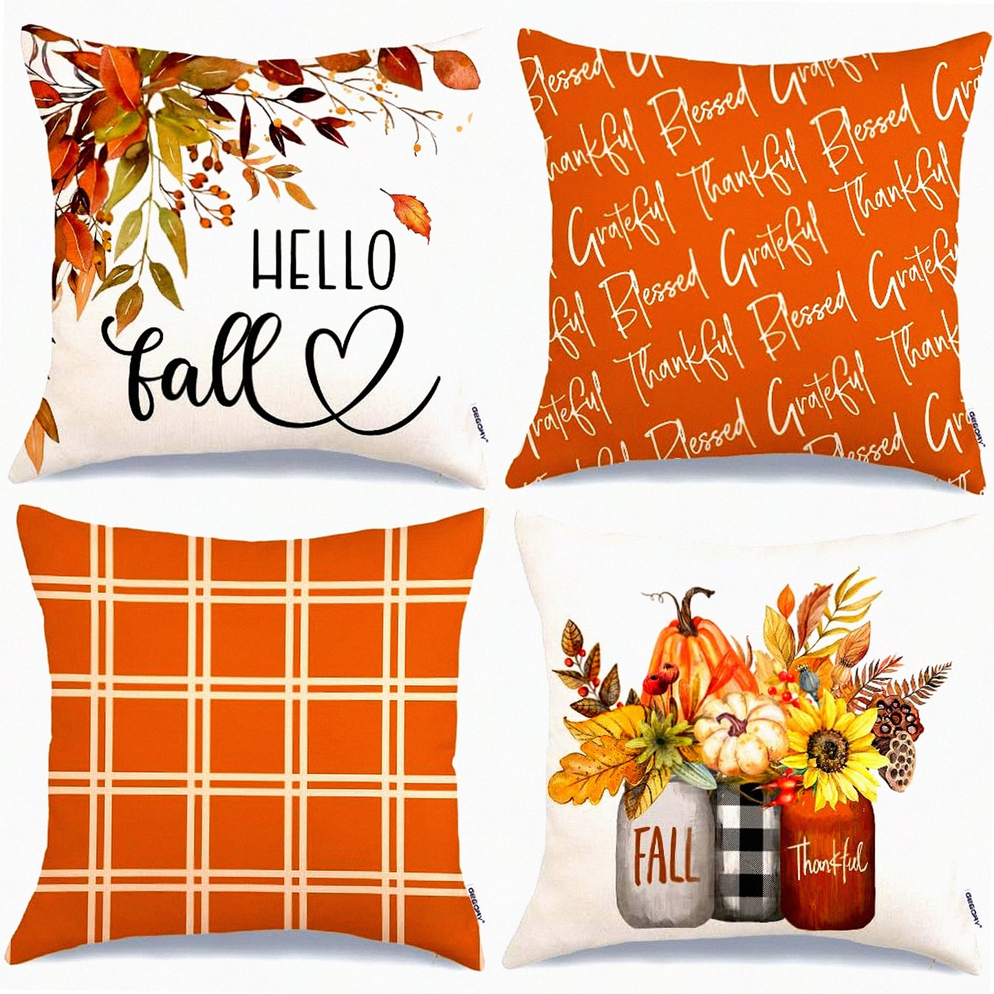 Autumn Harvest Pillow Set - Buffalo Plaid Maple Leaf Pumpkin Decor - Thankful Grateful Blessed Throw Pillows - Farmhouse Thanksgiving Cushion Covers