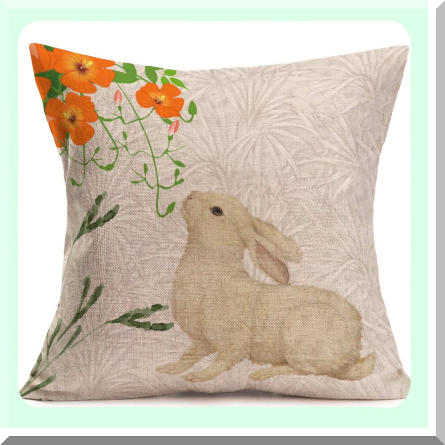 Rustic Bunny Floral Pillowcase - Vintage Farmhouse Animals Rabbit Throw Pillow Cover with Retro Plants, Spring Flowers, Cotton Linen Sofa Couch Chair Decor 18x18