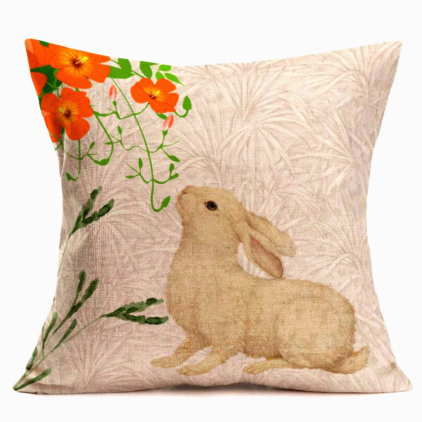 Rustic Bunny Floral Pillowcase - Vintage Farmhouse Animals Rabbit Throw Pillow Cover with Retro Plants, Spring Flowers, Cotton Linen Sofa Couch Chair Decor 18x18