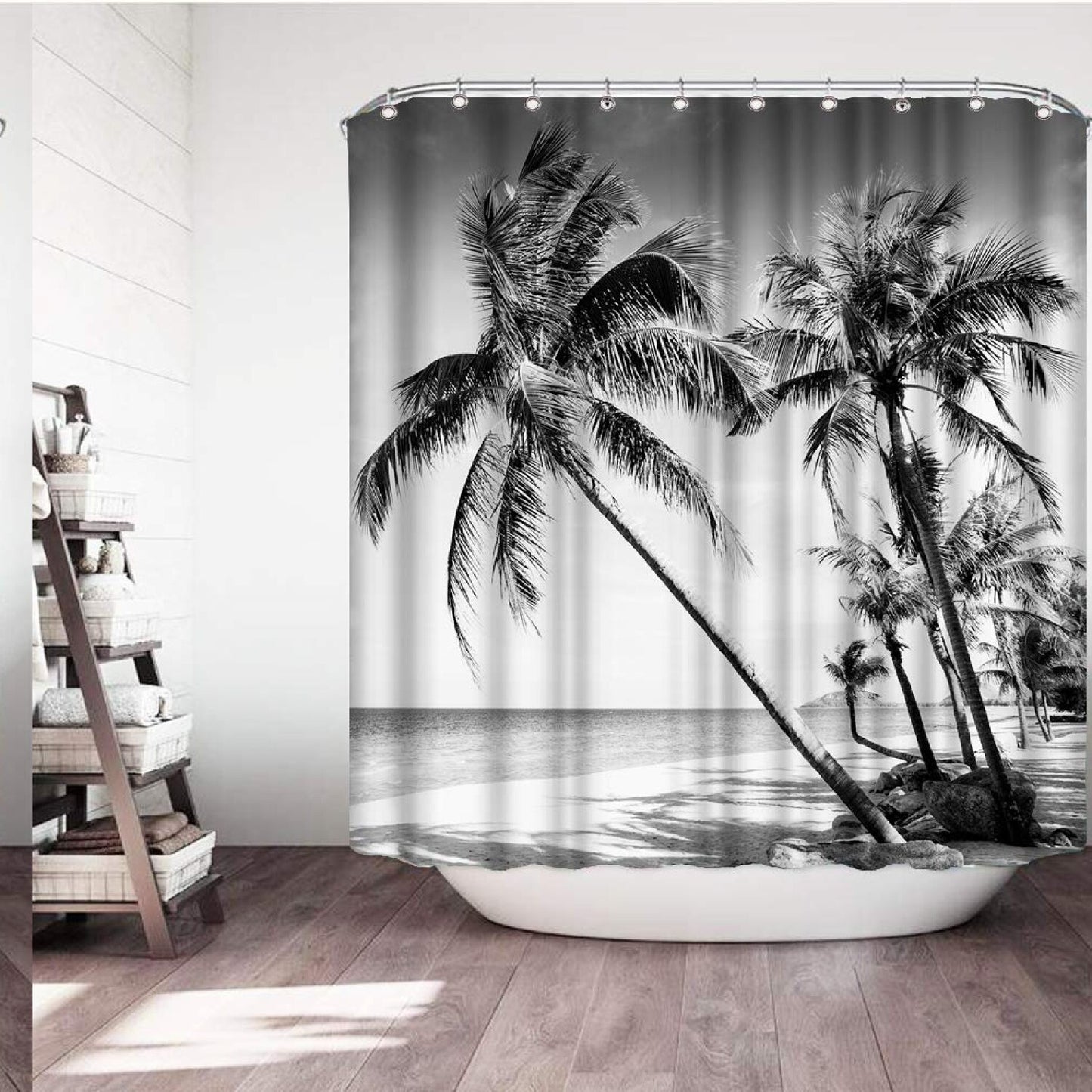 Beach Shower Curtain Tropical Palm Tree Landscape Black White 72x72 Inches