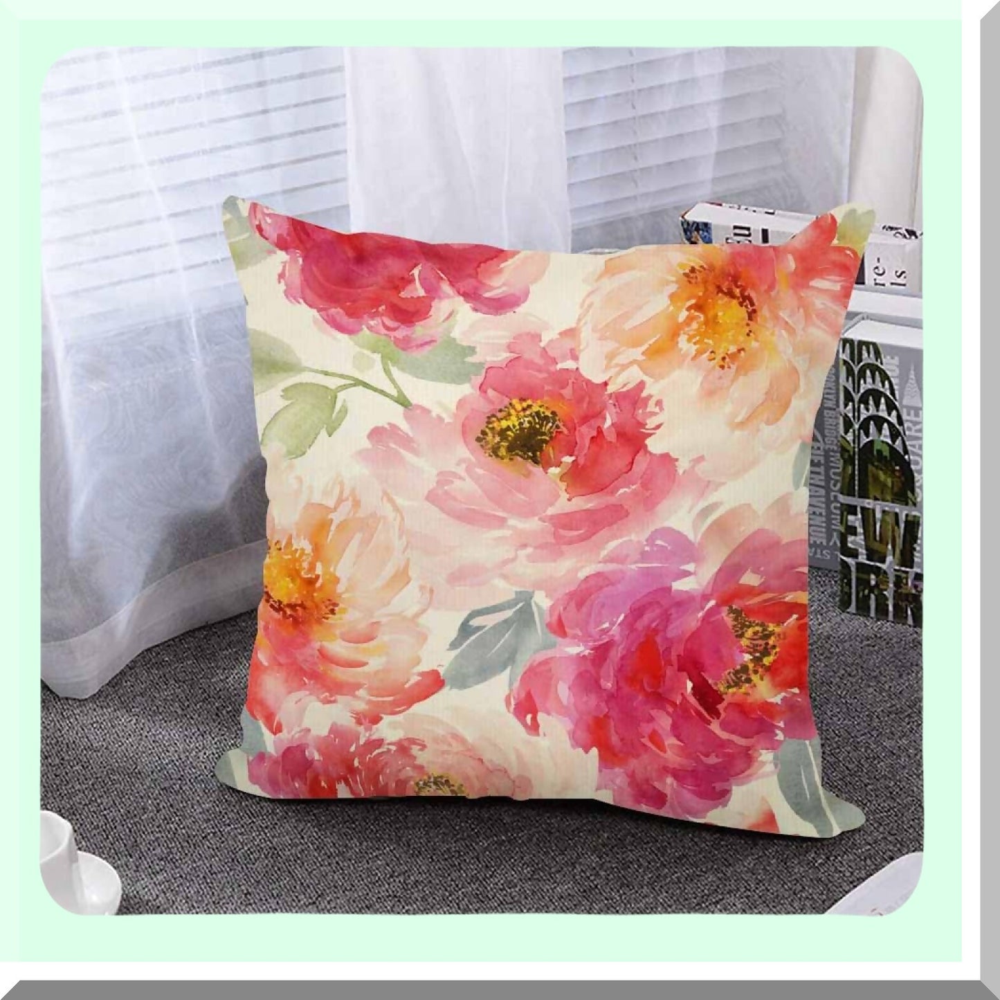 Peony Bloom Cotton Linen Pillow Covers - Watercolor Floral Cushion Cases for Couch Sofa - Decorative Throw Pillow Cases 18X18, Pink & Red