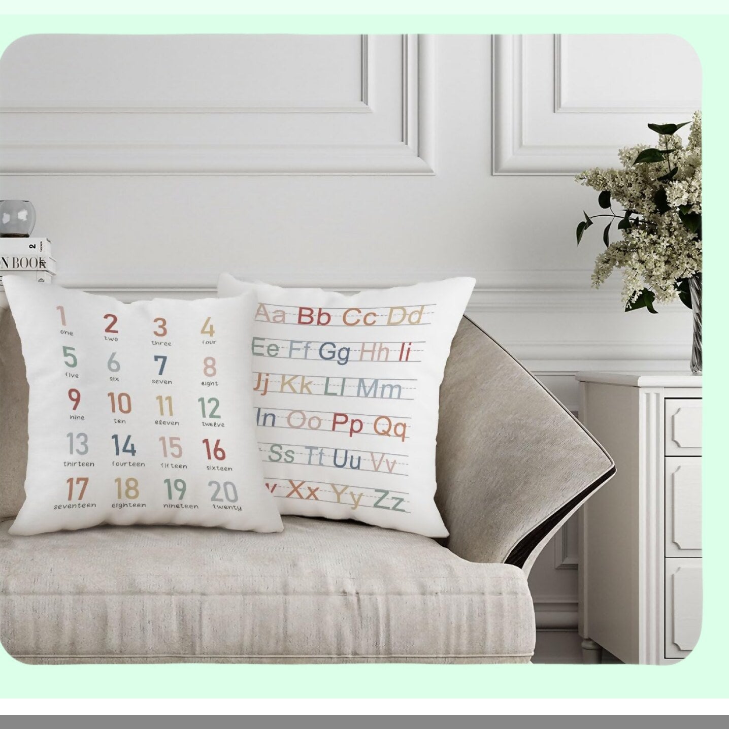 Educational Alphabet Numbers Pillow Covers, Kids Reading Room Decor, Teen Girls Gifts, Nursery Playroom Decorative Pillow Cases, Set of 2, 18x18 Inch