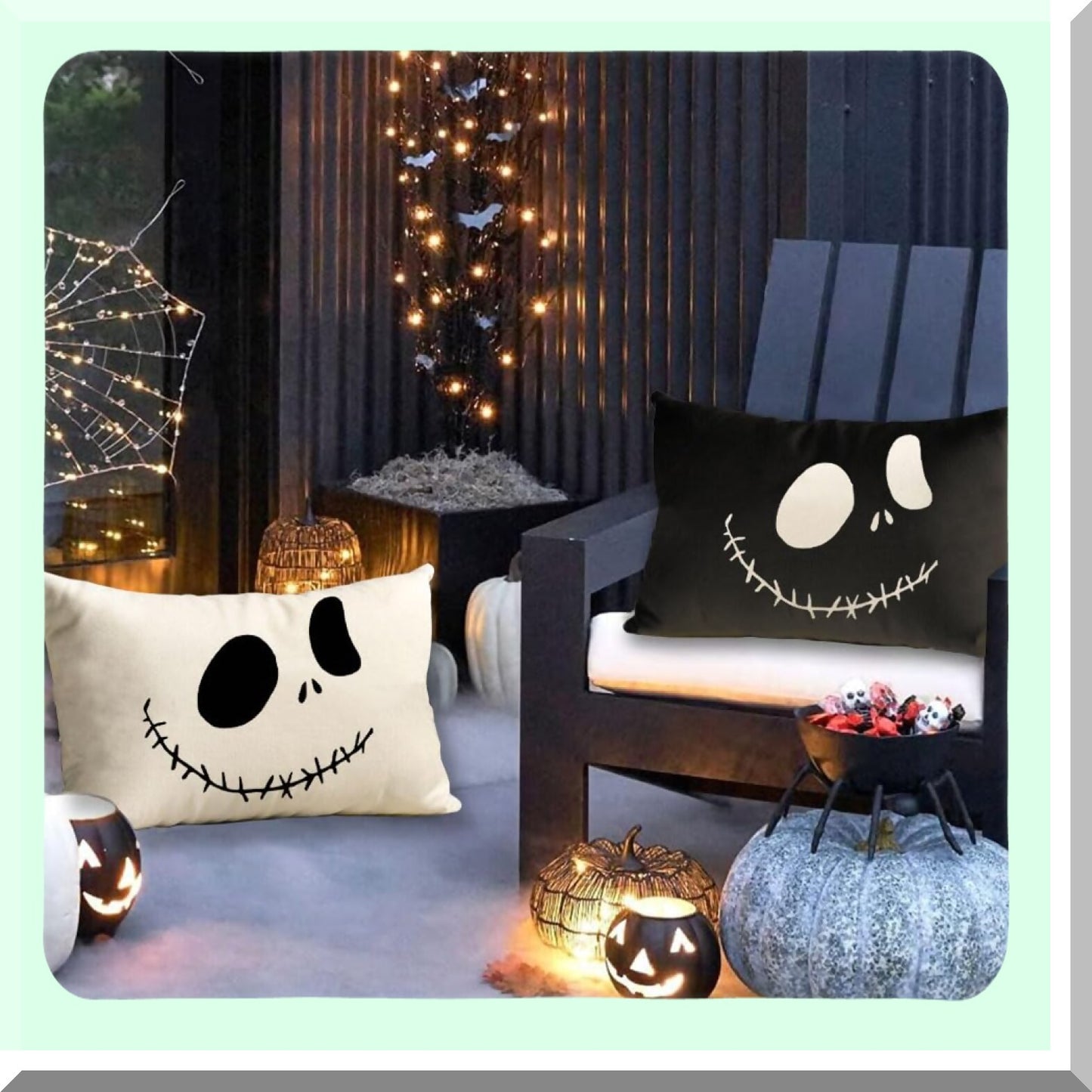 Spooky Night Lumbar Pillow Cover Set - Black & White Ghost Cushion Case 12x20 Inch - Nightmare Before Decorative Throw Pillows for Couch - Pack of 2